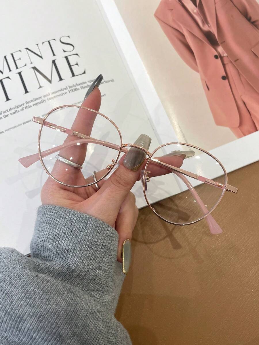 1pc Round Metal Frame Rose Gold Glasses - Hot Pink - View 1