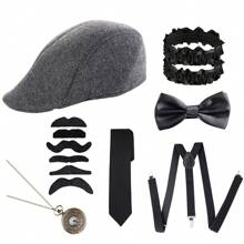7入組男性1920年代風格配件套裝,華麗時尚,經典貝雷帽套裝 - 黑色 - 查看 1