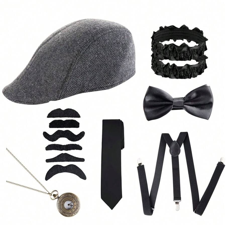 7入組男性1920年代風格配件套裝,華麗時尚,經典貝雷帽套裝 - 黑色 - 查看 1