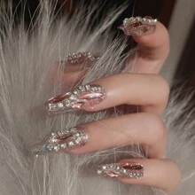 24pcs Semi-Handmade Long Glitter Coffin Shape Chain Pattern Nail Art Set With 1pc Double-Sided Adhesive And 1pc Nail File - Champagne - View 2