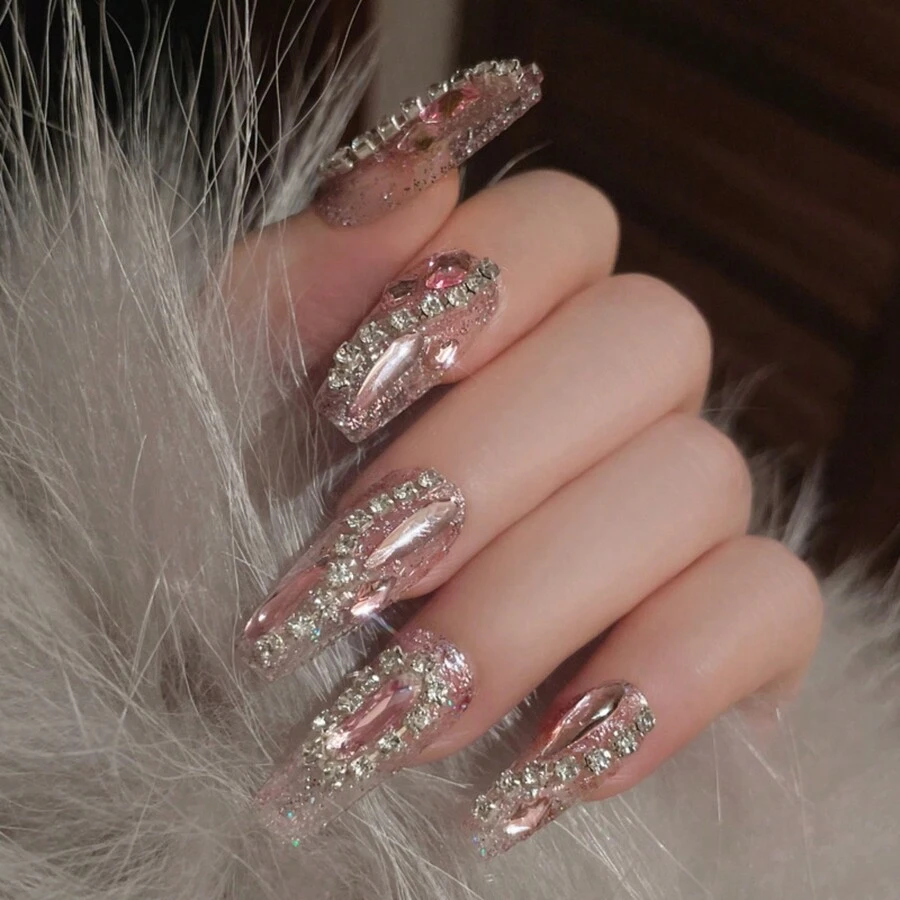 24pcs Semi-Handmade Long Glitter Coffin Shape Chain Pattern Nail Art Set With 1pc Double-Sided Adhesive And 1pc Nail File - Champagne - View 1