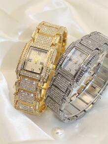 New Arrival! 1pc Women's Alloy Steel Strap Classic Luxury Square Shape Full Diamond Watch Dial With Starry Sky Quartz Movement, Perfect Gift For Daily Wear And Decoration - Gold - View 3