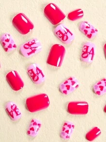 24 件方形短假指甲套装，浪漫情人节心形设计，可爱时尚，适合女孩、派对、舞蹈、日常佩戴 - 彩色 - 查看 3