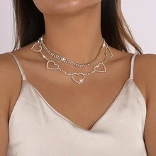 1條多層愛心頸鏈,鑲嵌鑽石細節雙鏈,簡約風格,適用於生日、派對等場合 - 銀色 - 查看 4