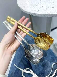 2pcs Delicate And Stylish Korean Gold/Silver Household Set Of Soup Spoon, Rice Spoon, Student Spoon - Multicolor - View 3