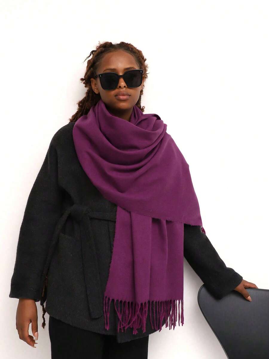 1條女款純色人造羊絨围巾,冬季披肩斗篷,適用於日常穿著和辦公室蓋毯 - 紫色 - 查看 1