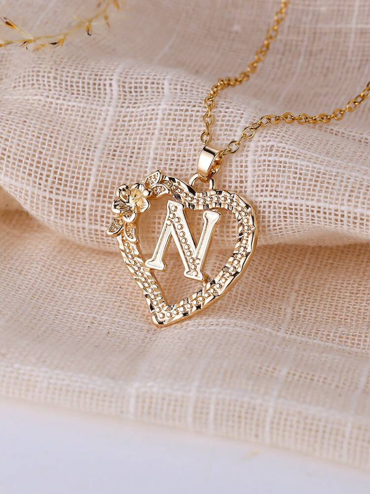 1 Miếng Tinh tế Vàng Ban đầu Dây chuyền Tim Chạm khắc 26 A-Z Và Hoa Dây chuyền Đối với phụ nữ Hằng ngày Đồ trang trí - vòng cổ thư - Xem 15