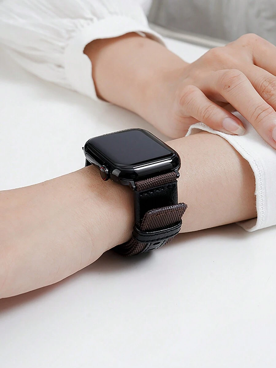 [棕色] 運動型紳士尼龍智慧手錶錶帶，七彩塊狀設計適用於Apple手錶 38mm/40mm/41mm/42mm/44mm/45mm/49mm - 棕色+黑色 - 查看 1