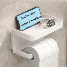 1pc Multifunctional Plastic Storage Rack, Simple White/Light Gray/Black Tissue Holder For Bathroom, Home Use - Light Grey - View 5