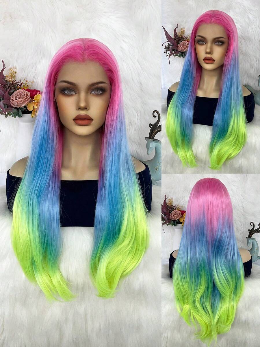 13*1.5 高清蕾丝散波浪多色女士假发，28 英寸长波浪彩虹渐变色优质合成蕾丝前假发，预拔自然发际线高清透明蕾丝假发，自由分叉款式耐热高温纤维发丝，150% 高密度时尚百搭假发，每日万圣节角色扮演假发，非常适合时尚女性和 1 件假发帽 - 彩色 - 查看 1