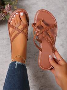 Women Woven Strap Criss-Cross Flat Sandals, Casual Beach Slippers, Comfortable Lightweight Flip Flops, Black, Brown, Chocolate Brown, Silver - Brown - View 3