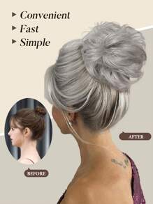 灰色側夾夾式亂捲丸子頭補髮束綁,適用於女士蓬鬆高髻,自然百搭,可調節的風格,方便上手的發套器材,髮髻配件 - 灰色 - 查看 8