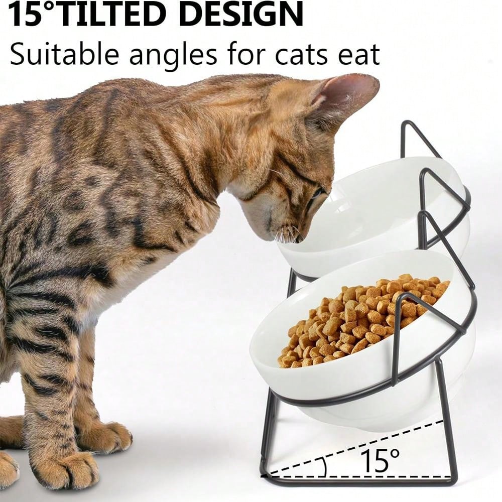 15° Tilted Ceramic Cat Bowl With Elevated Stand, Pet Feeding Bowl, Anti