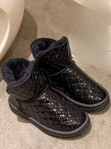 Women's Fashionable Fur Trimmed Waterproof Leather Winter Boots, Thick Plush Lining, New Style Students' Versatile Shining Black Short Boots - Black - View 7