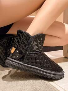 Women's Fashionable Fur Trimmed Waterproof Leather Winter Boots, Thick Plush Lining, New Style Students' Versatile Shining Black Short Boots - Black - View 5