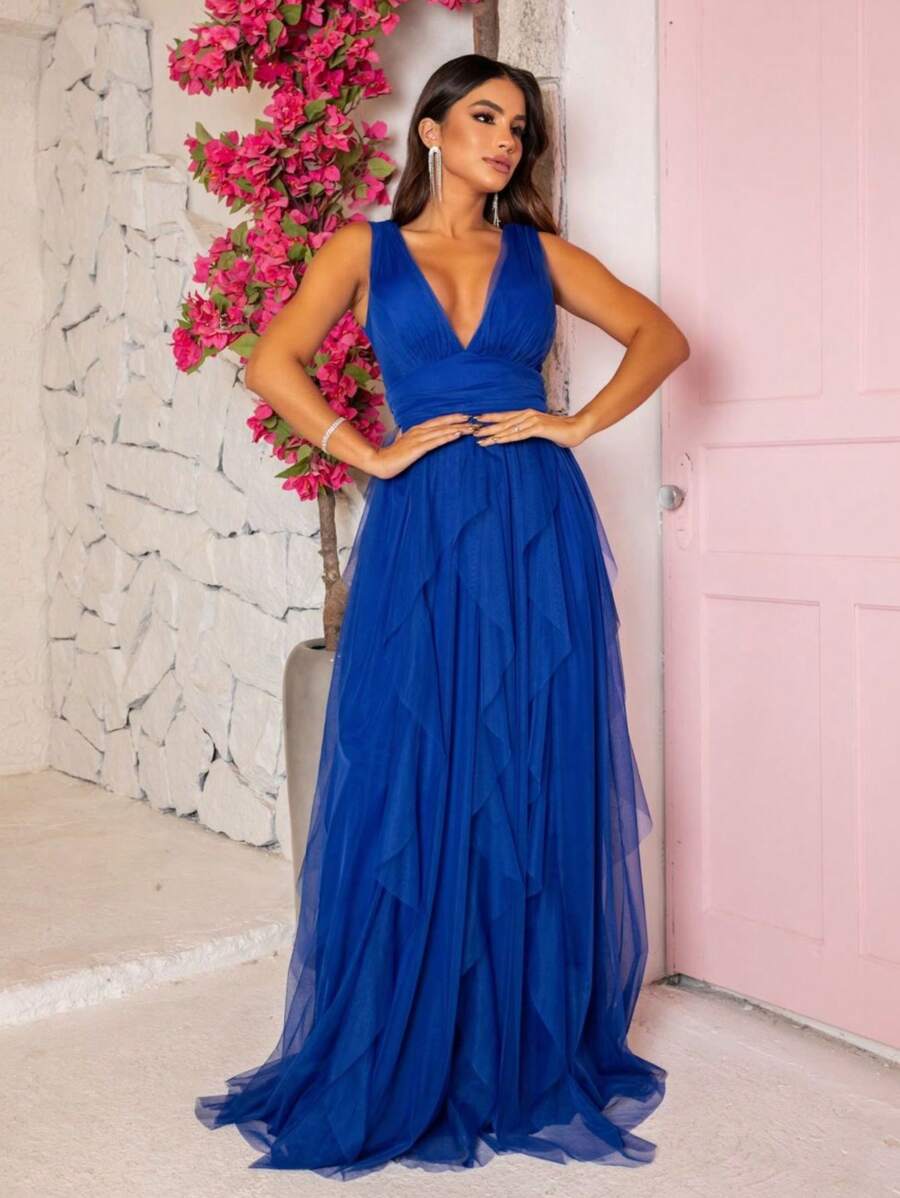 VESTIDO DE FESTA LONGO MADRINHA CASAMENTO DECOTE SAIA CASCATA - Azul Royal - Visão 1