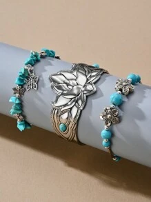 3入組多彩波西米亞風格珠飾手鐲和項鍊,附有綠松石、蓮花、大象、蝴蝶吊墜,是假日情侶送禮的完美選擇 - 彩色 - 查看 12