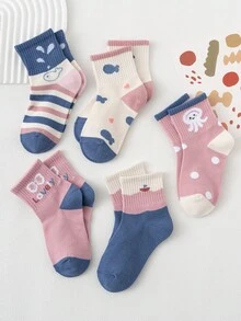 5雙可愛鯨魚信函船章魚蝴蝶結時尚萬用日常中筒襪 - 彩色 - 查看 2