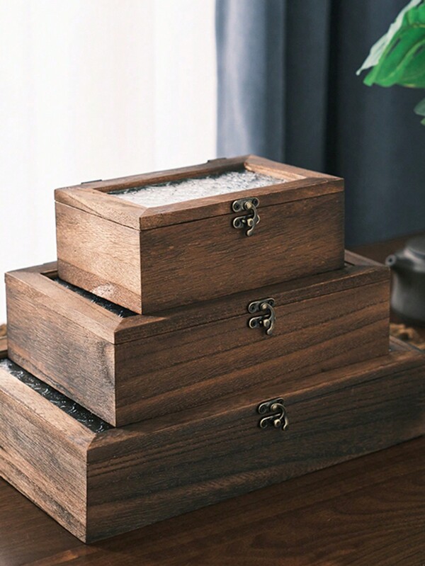 Juego de té vintage de madera y organizador de baratijas con tapa de vidrio y cierre tipo abatible, anti-polvo, color nuez negra, caja de almacenamiento de escritorio, regalo del Día de San Valentín y Regreso a Clases