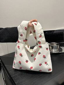 1入組草莓印花灯芯絨材質時尚、清新、可愛手鏈袋,適用於送禮或女士日常工作或約會時使用 - 白色 - 查看 4