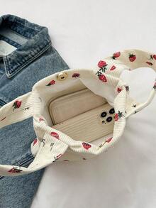 1入組草莓印花灯芯絨材質時尚、清新、可愛手鏈袋,適用於送禮或女士日常工作或約會時使用 - 白色 - 查看 9