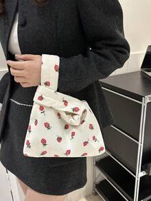 1入組草莓印花灯芯絨材質時尚、清新、可愛手鏈袋,適用於送禮或女士日常工作或約會時使用 - 白色 - 查看 6