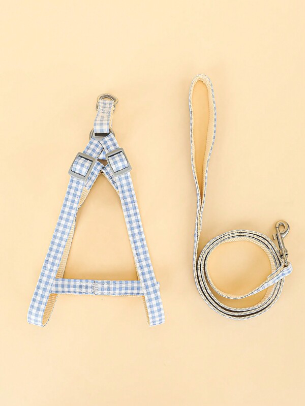 Juego De Correa Y Arnés A Cuadros Para Perros Y Gatos, Color Azul, 2 Piezas