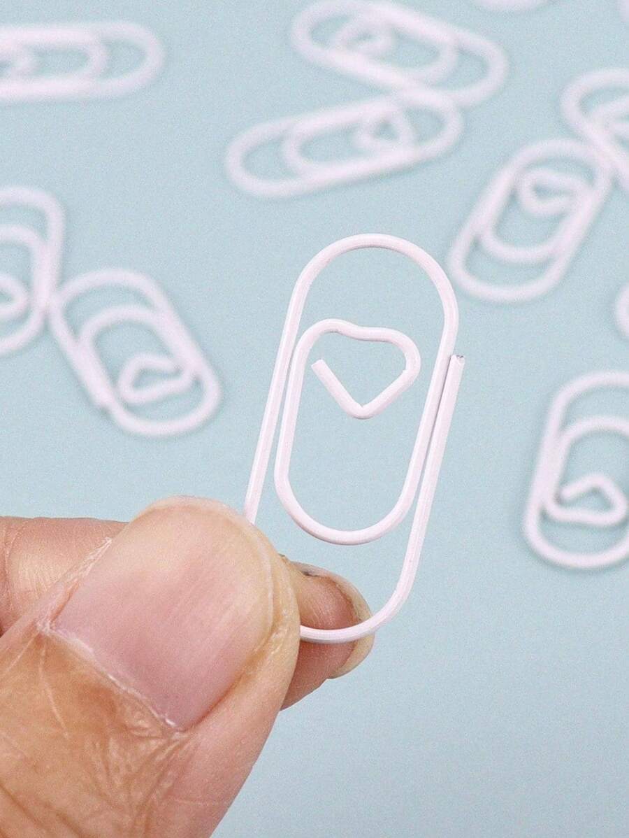 50pcs White Heart Shaped Paper Clips, Simple Multi-Purpose Anti-Skid Clips, Ideal For Office, Student Use - White - View 1