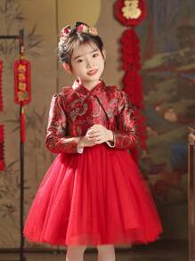 中式新年服飾連衣裙適合青少年女孩 - 紅色 - 查看 4