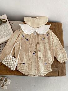 1 件装女婴刺绣镂空针织开衫夹克，春秋 - 杏色 - 查看 3