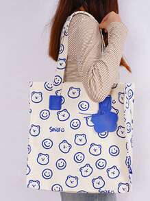 卡通帆布休闲立体加厚宽拉链手提包女加大容量内袋收纳隔层单肩学生辅导包日常便携购物袋 - 米色 - 查看 1