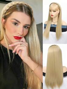 頭帶假髮長直合成半假髮20英寸頭帶部分假髮金色辮子頭箍髮片夾式髮延擴展頂部髮片,適用於女性 - 間色 - 查看 1