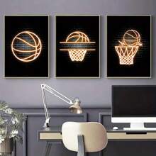 3入組籃球主題牆藝海報和印刷品,霓虹燈帆布畫,現代藝術品,青少年男孩房間裝飾,30cm×40cm,無框裝 - 杏色 - 查看 3