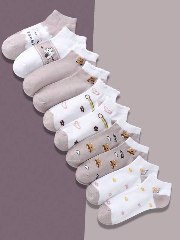 10 Pares De Calcetines de mujer, calcetines cortos Juveniles Estampado OSITOS FLORES CORAZONES RABBIT