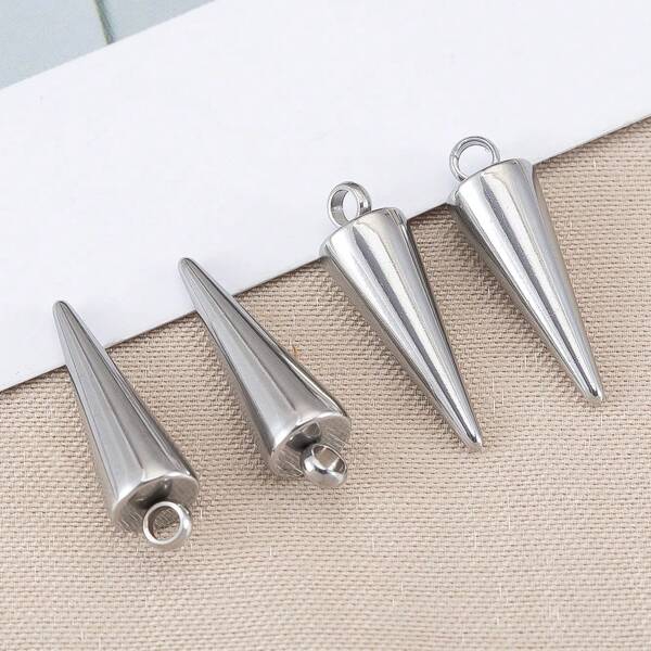 10pcs/Pack Stainless Steel 0.6x1.5cm Cone Shaped Pendant With Single Hole And Small Ring, Cool Tone Accessories For Diy Neutral Earrings, Necklaces, Body Chains