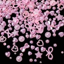 1000 件 3D 多形状指甲饰和平背珍珠，粉色混合款式心形星星蝴蝶结向日葵美甲装饰 - 粉色 - 查看 2