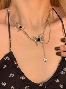 1pc Fashionable Black Butterfly & Heart Shape & Tassel Pendant Necklace For Women's Sweater - Black - View 4