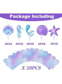 1 Juego (borde De 20 Piezas + 20 Inserciones Para Pasteles) Decoraciones Para Pasteles De Concha, Decoraciones Para Fiestas De Sirena - Multicolor - Ver 3