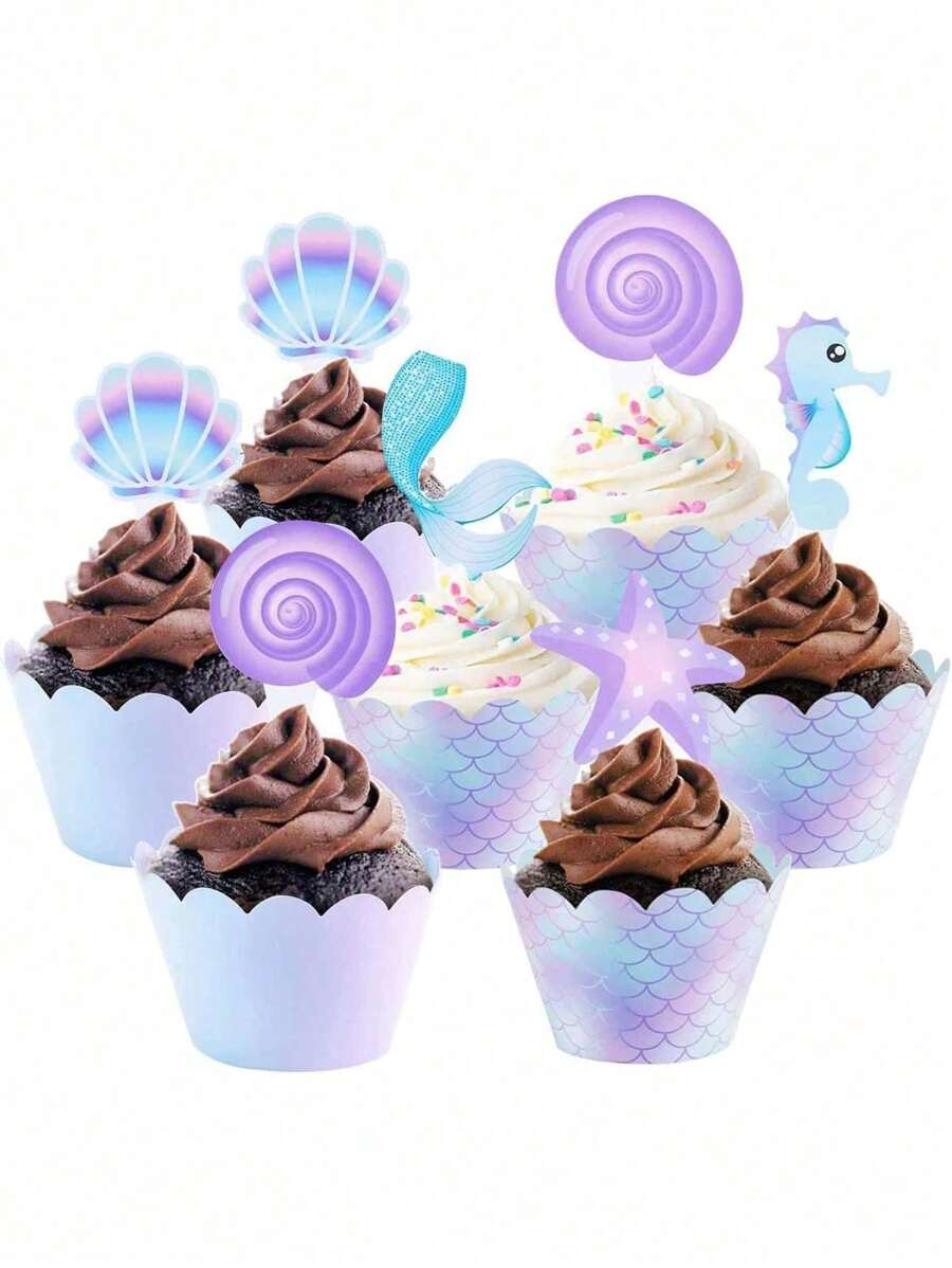 1 Juego (borde De 20 Piezas + 20 Inserciones Para Pasteles) Decoraciones Para Pasteles De Concha, Decoraciones Para Fiestas De Sirena - Multicolor - Ver 1