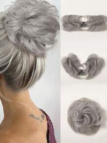 灰色側夾夾式亂捲丸子頭補髮束綁,適用於女士蓬鬆高髻,自然百搭,可調節的風格,方便上手的發套器材,髮髻配件 - 灰色 - 查看 1