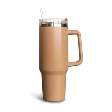 1pc 40oz Brown Stainless Steel Insulated Travel Coffee Mug With Handle And Straw, Suitable For Hot And Cold Drinks - Coffee Brown - View 1