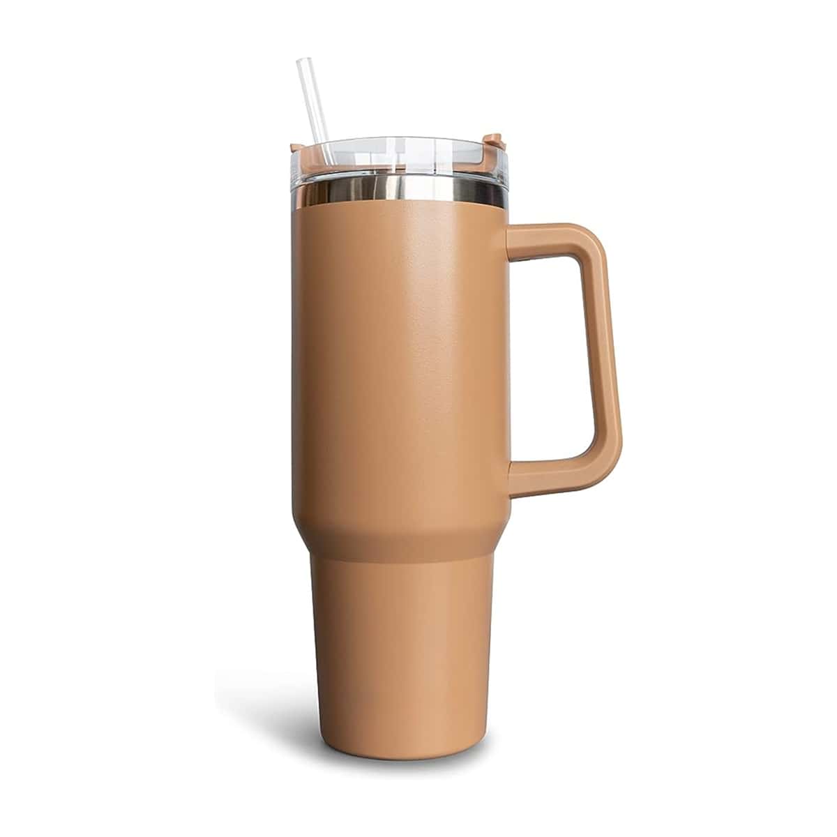 1pc 40oz Brown Stainless Steel Insulated Travel Coffee Mug With Handle And Straw, Suitable For Hot And Cold Drinks - Coffee Brown - View 1