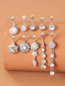 10 件時尚奢華微鑲花卉長吊墜不鏽鋼肚臍環女式身體穿孔首飾套裝 - 套裝 - 查看 4