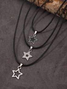 3pcs Gothic Vintage Rock Style Star Pendant Necklaces With Black Cords And Rhinestone Decor, Y2k Streetwear Fashion Jewelry