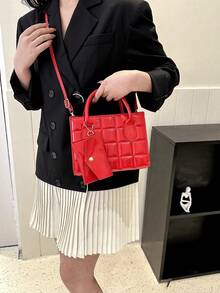 專利皮革格紋手提包 - 紅色 - 查看 9