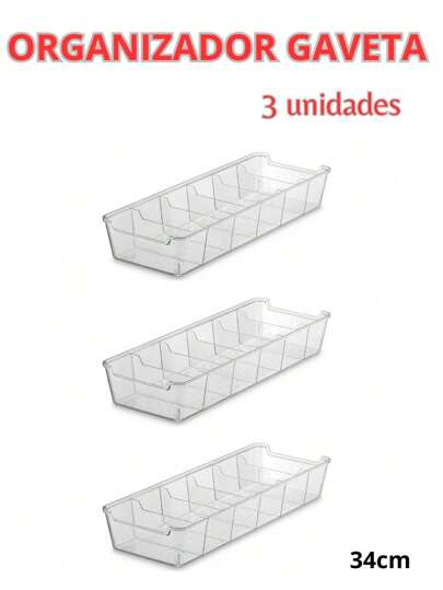 Kit 3 Organizadores Gaveta Com Divisórias 12,5 x 34cm Calcinha Meia Sutia Maquiagem Divisória Organização Quarto Cozinha Penteadeira
