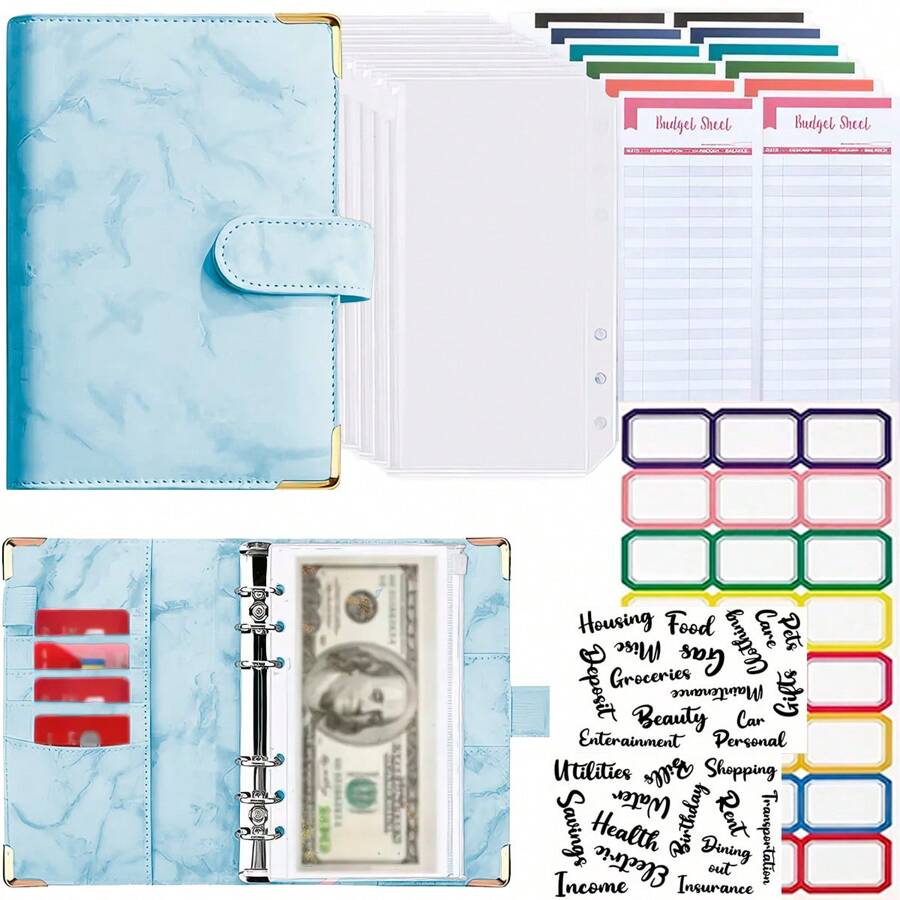 Shendy Vendy Carpeta Planificadora A6 Carpeta de hojas sueltas con cremallera Bolso , macarrón Cuaderno, Etiquetas autoadhesivas , creativo Cuaderno de plan Agenda Organizador De Bolsillo - Azul - Ver 1