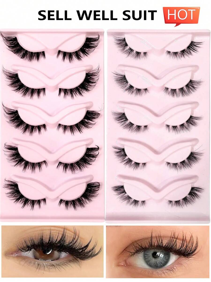 Asiteo 10pcs/Set New Cat Eye False Eyelashes 3D Natural Transparent With Fluffy Soft Criss-Cross Lashes, Suitable For Anime/Manga Style, Delicate & Natural Lash Extension Makeup - 眼尾拉長款 - 查看 1