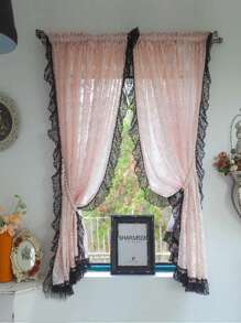 1面復古女孩黑色蕾絲粉色透紗簾,花織浪漫咖啡廳門簾,廚房家居裝飾紗簾 - 淺粉色 - 查看 2