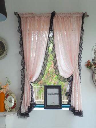 1面復古女孩黑色蕾絲粉色透紗簾,花織浪漫咖啡廳門簾,廚房家居裝飾紗簾